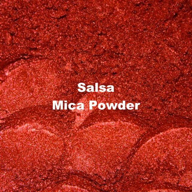 Close-up of Salsa Mica Powder, a natural pigment for making vibrant soaps and crafts, showcasing its rich red coloue and shine.