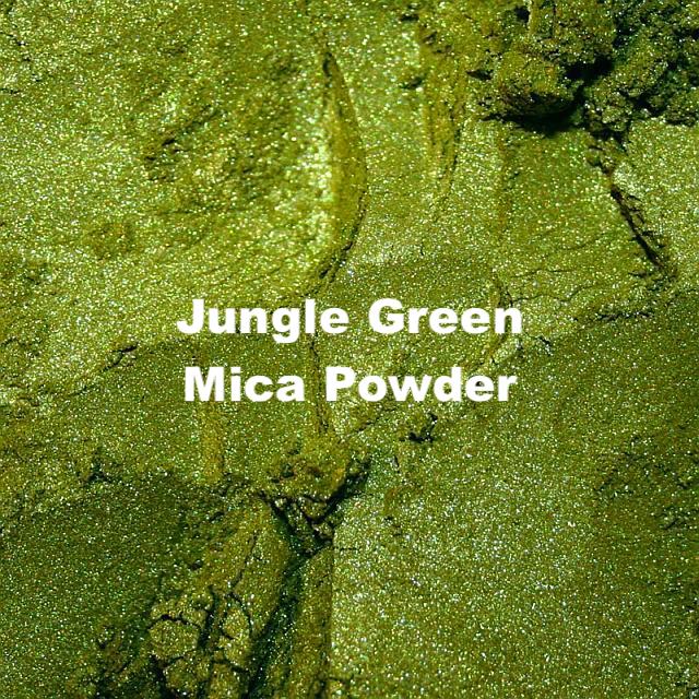 Jungle Green Mica Powder showcasing vibrant green color and fine texture for cosmetics and crafts.
