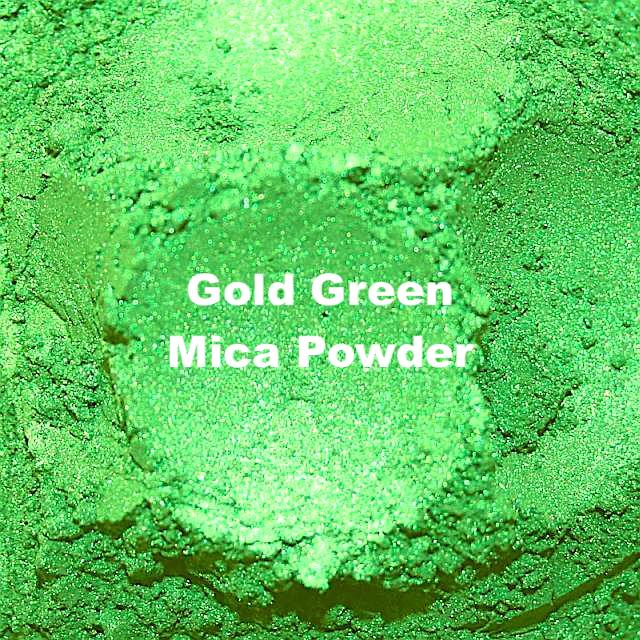 Gold green mica powder displayed in vibrant green hues, suitable for various crafting projects and beauty applications.