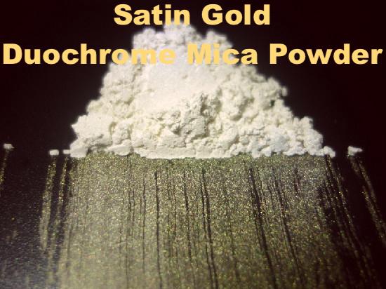 Satin Gold Interference Mica Powder in fine texture, ideal for soap making and crafts, displaying a shimmering gold hue.