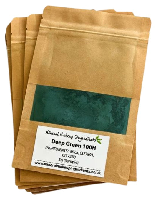 Assorted green mica powder samples for soap making, crafts, and cosmetics