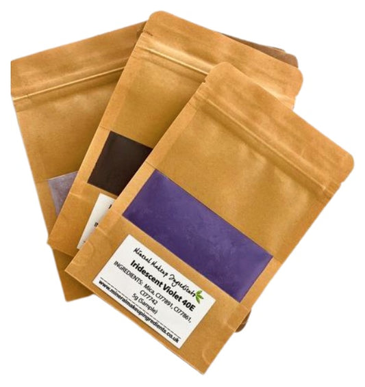 Assorted purple mica powder samples for soap making, crafts, and cosmetics